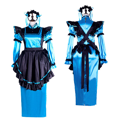 fondcosplay Lockable Blue Black Satin Long Sissy Maid Dress Crossdressing Cosplay Costume [G2303]