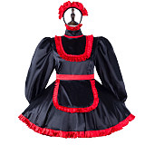 Fondcosplay Handmade Lockable Sissy Maid Satin Dress Black and Red Crossdressing Costume [G2333]