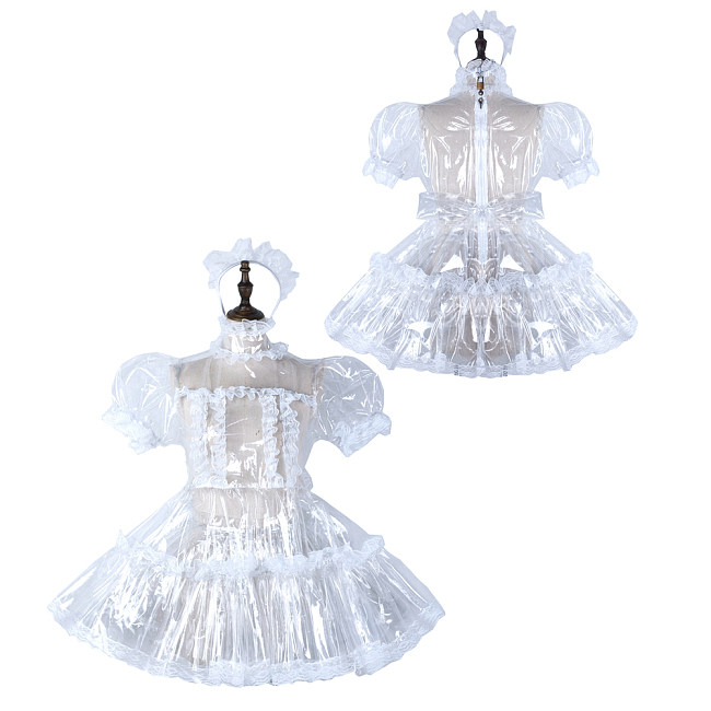 fondcosplay Lockable Clear PVC Sissy Maid Dress White Lace Crossdressing Cosplay Costume [G2296]