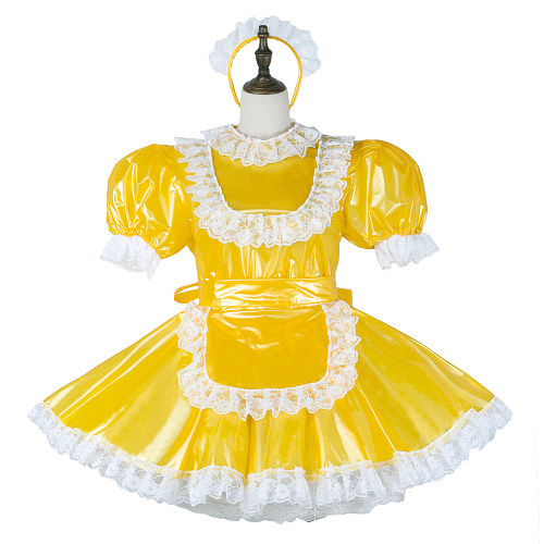 fondcosplay Lockable Yellow Clear PVC Sissy Maid Dress Crossdressing Cosplay Costume [G2282]