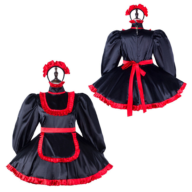 Fondcosplay Handmade Lockable Sissy Maid Satin Dress Black and Red Crossdressing Costume [G2333]