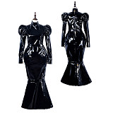 fondcosplay Lockable Black Heavy PVC Long Sissy Maid Dress Crossdressing Cosplay Costume [G2299]