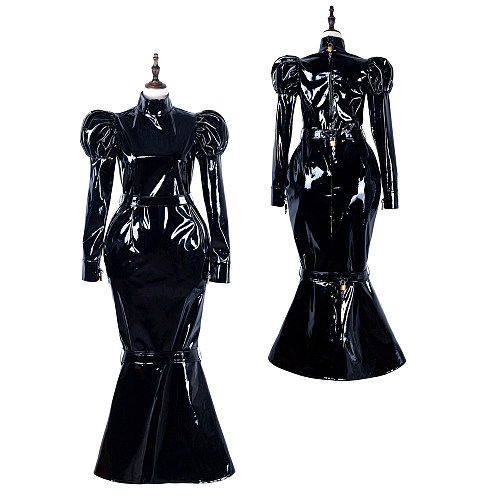 fondcosplay Lockable Black Heavy PVC Long Sissy Maid Dress Crossdressing Cosplay Costume [G2299]