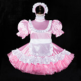 fondcosplay Lockable Pink Satin Sissy Maid Dress White Apron Crossdressing Cosplay Costume [G2315]