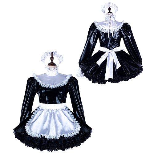 Fondcosplay Handmade Lockable Sissy Maid Faux Leather Dress Black and White Crossdressing Costume [G2348]