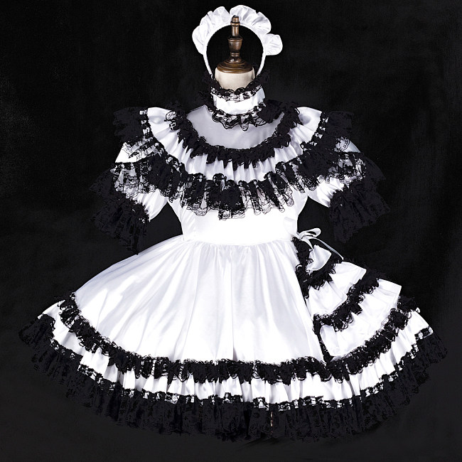Fondcosplay Handmade Lockable Sissy Maid Satin Dress with Black Lace for Crossdressing [G2328]