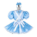 Fondcosplay Handmade Lockable Sissy Maid Satin Dress Blue and White Crossdressing Costume [G2340]