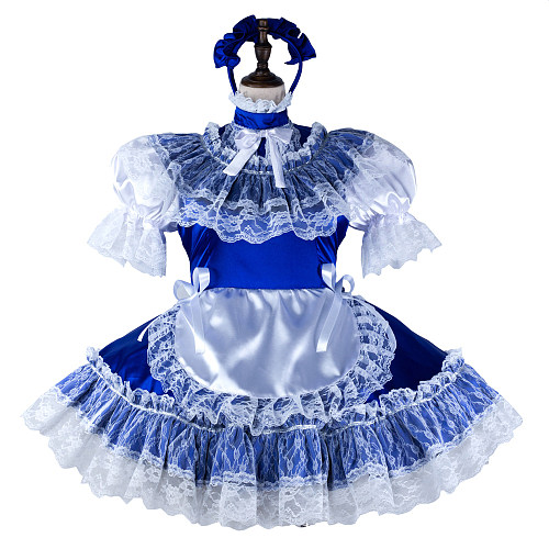 fondcosplay Lockable Blue White Satin Sissy Maid Dress Lace Crossdressing Cosplay Costume [G2307]