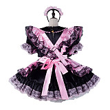 Fondcosplay Handmade Lockable Sissy Maid Satin Dress Black and Pink with Lace Crossdressing Costume [G2335]