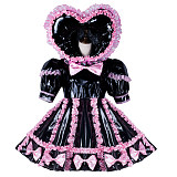 Fondcosplay Handmade Lockable Sissy Maid Thin PVC Dress Black and Pink with Heart Hood Crossdressing Costume [G2347]