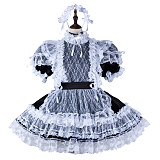 Fondcosplay Handmade Lockable Sissy Maid Satin Dress Black with White Lace Crossdressing Costume [G2344]