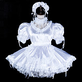 fondcosplay Lockable Satin White Sissy Maid Dress with Lace Apron & Headpiece [G2326]