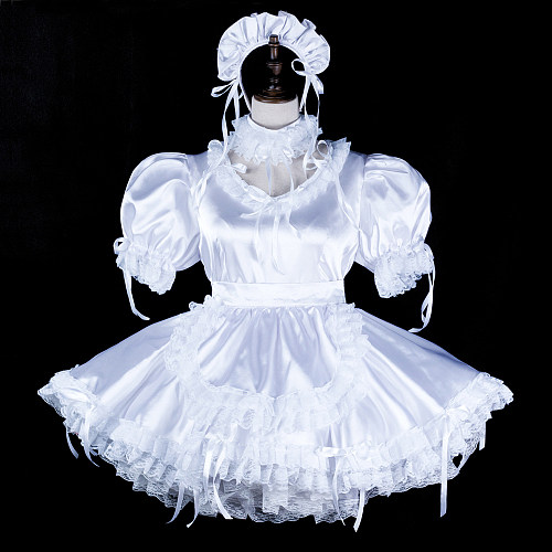 fondcosplay Lockable Satin White Sissy Maid Dress with Lace Apron & Headpiece [G2326]