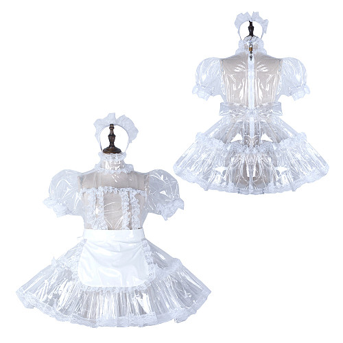fondcosplay Lockable Clear PVC Sissy Maid Dress White Apron Crossdressing Cosplay Costume [G2297]