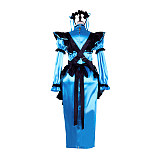 fondcosplay Lockable Blue Black Satin Long Sissy Maid Dress Crossdressing Cosplay Costume [G2303]