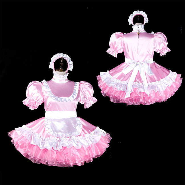 fondcosplay Lockable Pink Satin Sissy Maid Dress White Apron Crossdressing Cosplay Costume [G2315]