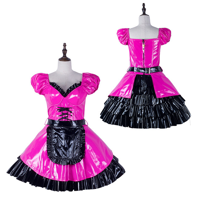 fondcosplay Lockable Pink Black Thin PVC Sissy Maid Dress Crossdressing Cosplay Costume [G2288]