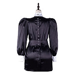 fondcosplay Black Satin Sissy Maid Dress White Collar Crossdressing Cosplay Costume [G2308]
