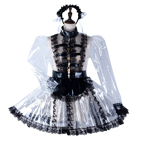 fondcosplay Lockable Clear PVC Sissy Maid Dress Black Lace Crossdressing Cosplay Costume [G2295]