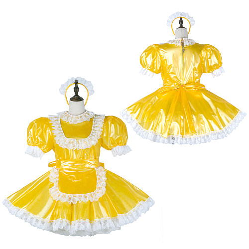fondcosplay Lockable Yellow Clear PVC Sissy Maid Dress Crossdressing Cosplay Costume [G2282]