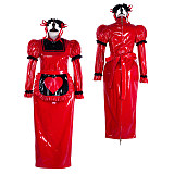 fondcosplay Lockable Red Black Heavy PVC Long Sissy Maid Dress Heart Apron Crossdressing Cosplay Costume [G2304]