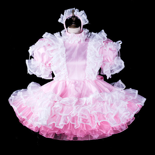 fondcosplay Lockable Pink Satin Organza Frilly Sissy Maid Dress Crossdressing Cosplay Costume [G2313]