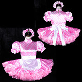 fondcosplay Lockable Pink Polka Dot Satin Sissy Maid Dress White Apron Crossdressing Cosplay Costume [G2319]