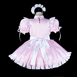 fondcosplay Lockable Pink Satin Sissy Maid Dress White Apron Crossdressing Cosplay Costume [G2317]