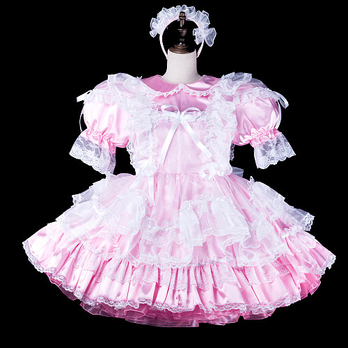 fondcosplay Lockable Pink Satin Organza Lace Sissy Maid Dress Crossdressing Cosplay Costume [G2314]