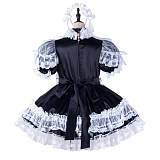 Fondcosplay Handmade Lockable Sissy Maid Satin Dress Black with White Lace Crossdressing Costume [G2344]