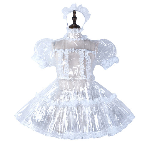 fondcosplay Lockable Clear PVC Sissy Maid Dress White Lace Crossdressing Cosplay Costume [G2296]