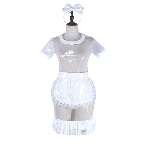 fondcosplay Lockable Clear PVC Sissy Maid Dress with Apron & Headpiece Crossdressing Costume [G2323]