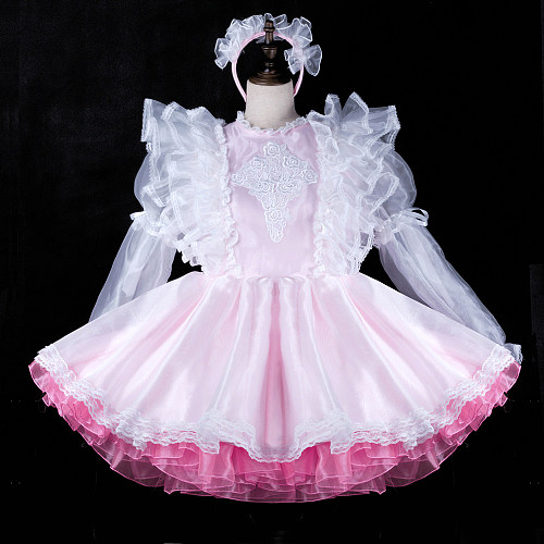 fondcosplay Lockable Pink White Satin Organza Sissy Maid Dress Bow Crossdressing Cosplay Costume [G2311]