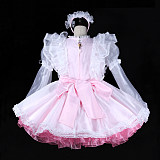 fondcosplay Lockable Pink White Satin Organza Sissy Maid Dress Bow Crossdressing Cosplay Costume [G2311]
