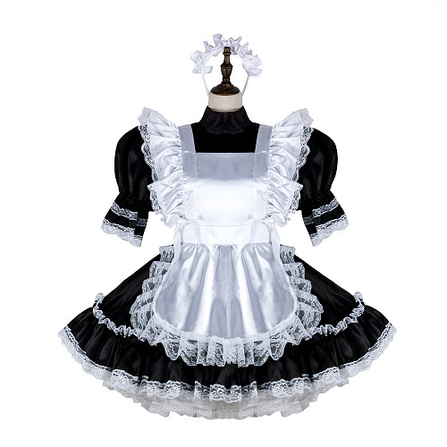 Fondcosplay Handmade Lockable Sissy Maid Satin Dress Black and White Crossdressing Costume [G2337]