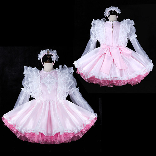 fondcosplay Lockable Pink White Satin Organza Sissy Maid Dress Bow Crossdressing Cosplay Costume [G2311]