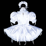 fondcosplay Lockable Satin White Sissy Maid Dress with Lace Apron & Headpiece [G2326]