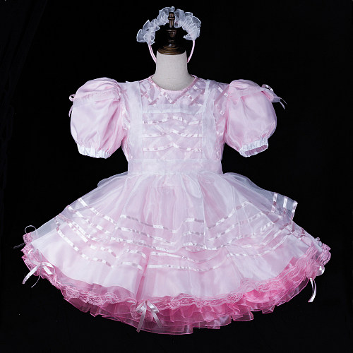 fondcosplay Lockable Pink Satin Organza Sissy Maid Dress Apron Crossdressing Cosplay Costume [G2312]