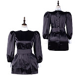 fondcosplay Black Satin Sissy Maid Dress White Collar Crossdressing Cosplay Costume [G2308]