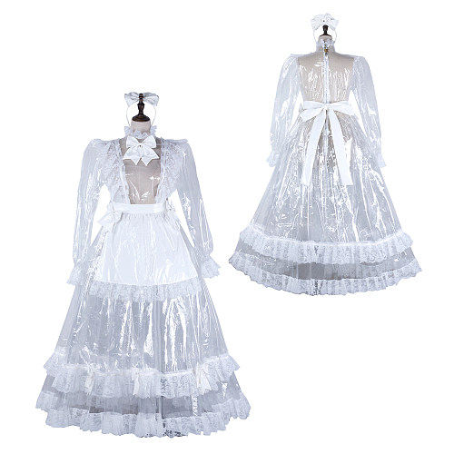 fondcosplay Lockable Clear PVC Long Sissy Maid Dress White Lace Crossdressing Cosplay Costume [G2305]