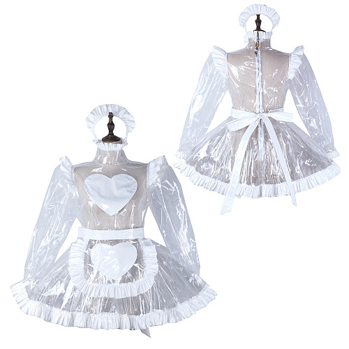 fondcosplay Lockable Clear PVC Sissy Maid Dress Heart Apron Crossdressing Cosplay Costume [G2298]