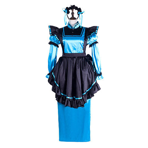fondcosplay Lockable Blue Black Satin Long Sissy Maid Dress Crossdressing Cosplay Costume [G2303]