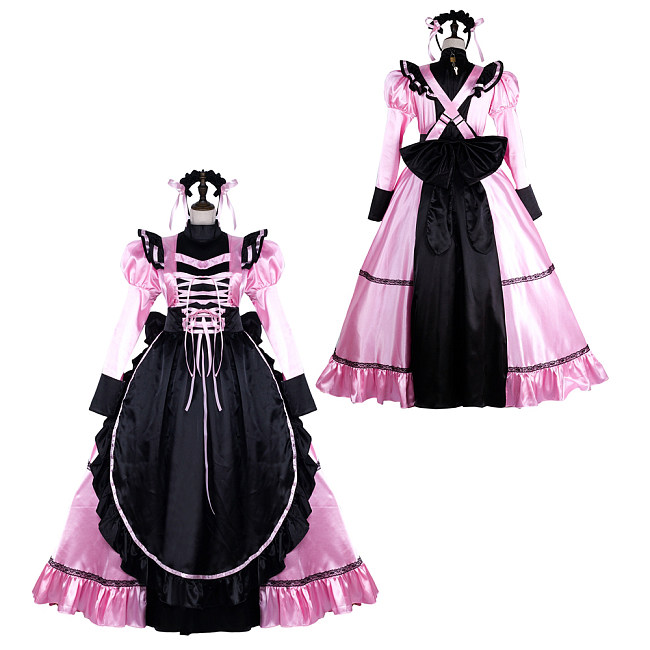 fondcosplay Lockable Pink Black Satin Long Sissy Maid Dress Crossdressing Cosplay Costume [G2300]