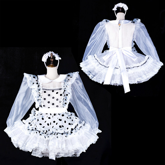 fondcosplay Lockable Organza Polka Dot Sissy Maid Dress with Apron & Headpiece [G2324]