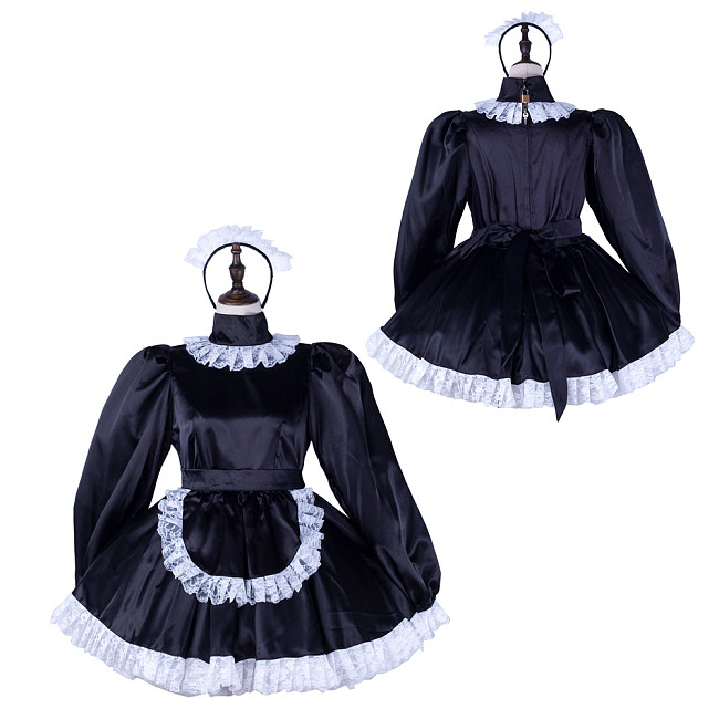 Fondcosplay Handmade Lockable Sissy Maid Satin Dress Black and White Crossdressing Costume [G2336]