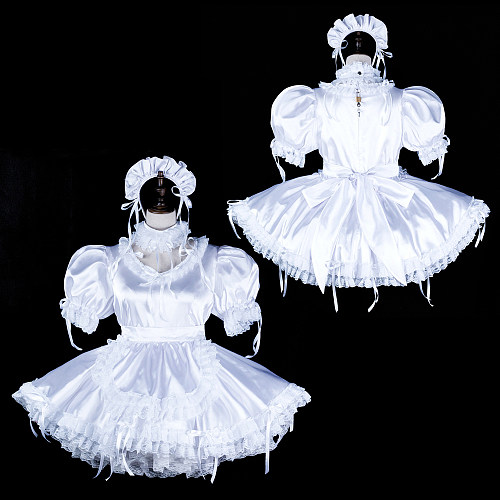 fondcosplay Lockable Satin White Sissy Maid Dress with Lace Apron & Headpiece [G2326]