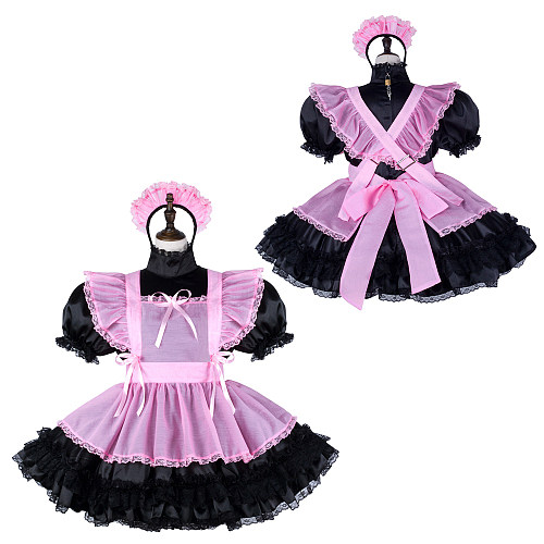 Fondcosplay Handmade Lockable Sissy Maid Satin Dress Black and Pink Crossdressing Costume [G2332]