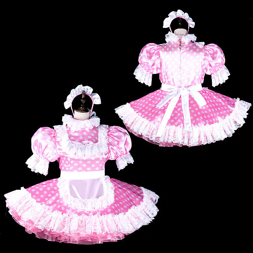 fondcosplay Lockable Pink Polka Dot Satin Sissy Maid Dress Crossdressing Cosplay Costume [G2318]