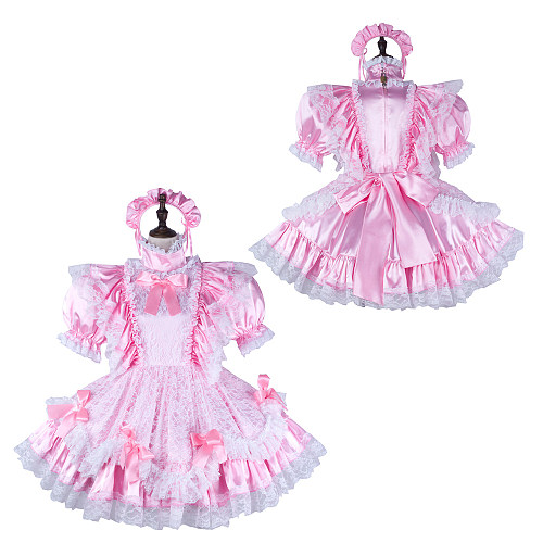 Fondcosplay Handmade Lockable Sissy Maid Satin Dress Pink with Lace and Bows Crossdressing Costume [G2342]