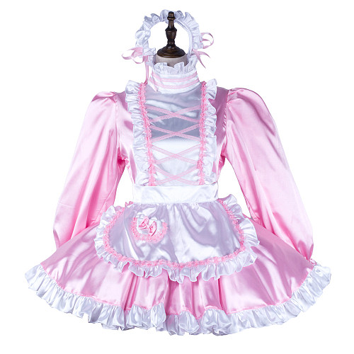 Fondcosplay Handmade Lockable Sissy Maid Satin Dress Pink and White Crossdressing Costume [G2341]
